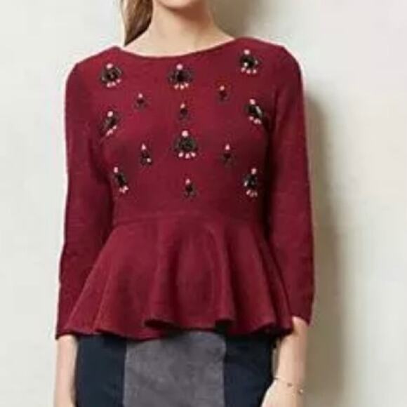 Dolce Vita wool blend purple wine jewel embellished peplum rib knit top small - Picture 1 of 6
